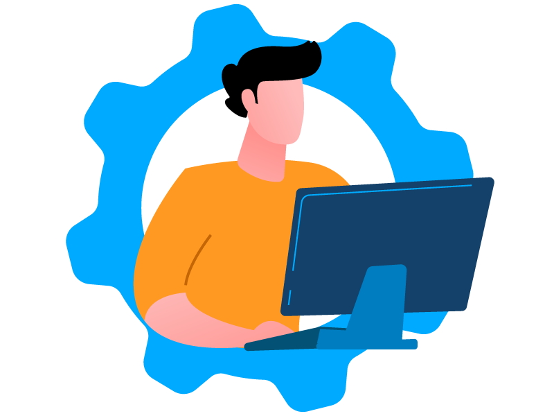 Mann mit orangenem Pullover und schwarzem Haar sitzt am Laptop, im Hintergrund ein blaues Zahnrad