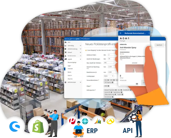 E-Commerce Lager mit Screenshots von Software Descartes pixi WMS Web und pixi Mobile