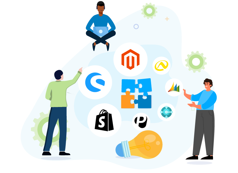 illu-integrationen-api Um vier Puzzleteile herum befinden sich drei Personen und arrangieren Logos von Shopify, Shopware, Magento, Afterbuy, MS Business Central und andere.