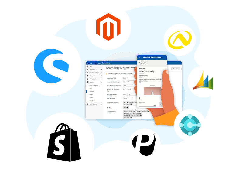 illu-integrationen-apps-2 Um einen Bildschirm und ein MDE, die beide die Software Descartes pixi zeigen, sind die Logos von Shopify, Shopware, Magento, Afterbuy, Navision und MS Business Central.