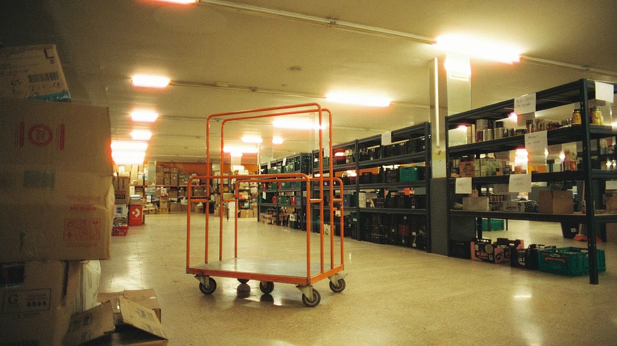 Rollwagen für den Warenausgang in einem E-Commerce-Lager mit Regalen